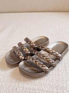 Priscilla Whitaker Metallic Braided Leather Slide Sandals – Silver/Gold